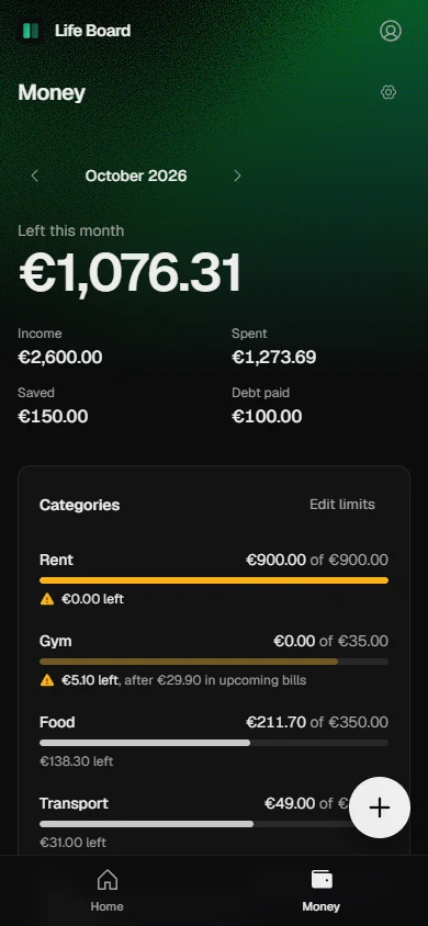 The Money page on a phone
